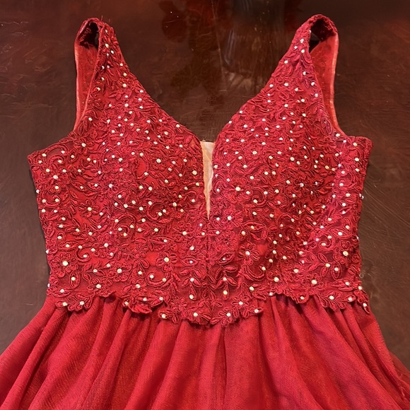 Dark Red Tea Party Dress with gem covered bust and ruffled skirt - Picture 2 of 7